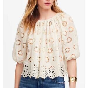 Madewell Embroidered Shirred Puff-Sleeve Top Size XS NWT